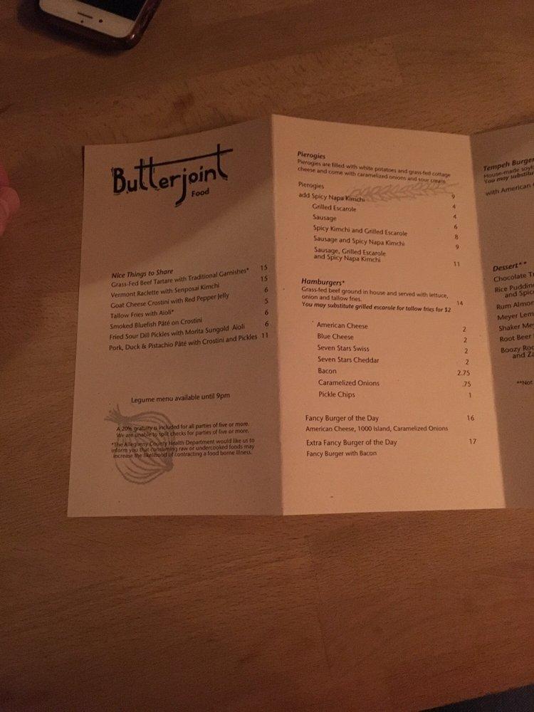 Menu at Butterjoint pub & bar, Pittsburgh