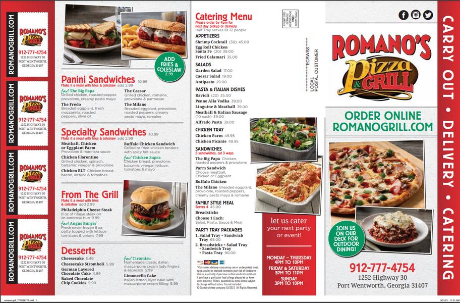 Menu at Romano's Pizzeria and Grill, Port Wentworth, Monteith Rd