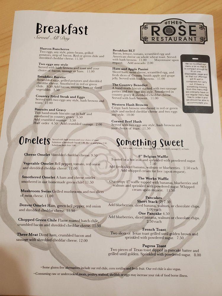 Menu at The Rose cafe, Pagosa Springs, 408 Pagosa St
