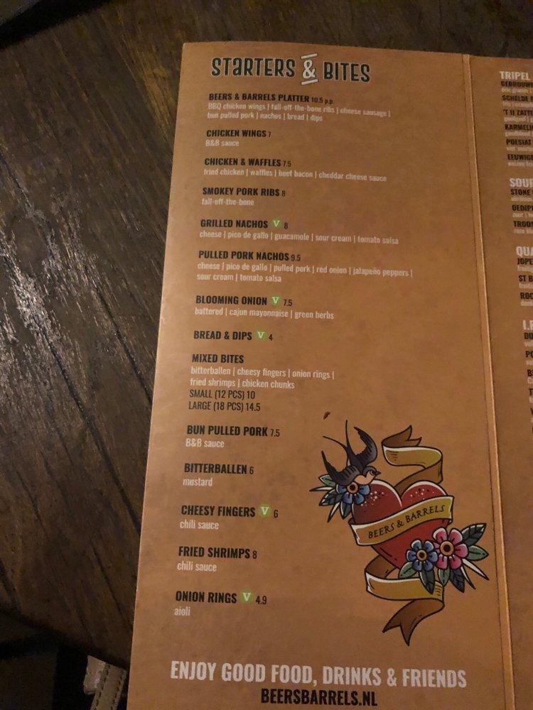Menu at Beers & Barrels Utrecht, Utrecht, Oudegracht aan de Werf 125