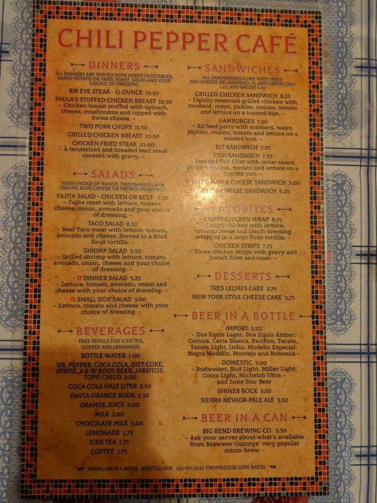 Menu at Chili Pepper Cafe, Study ButteTerlingua, 100 TX118