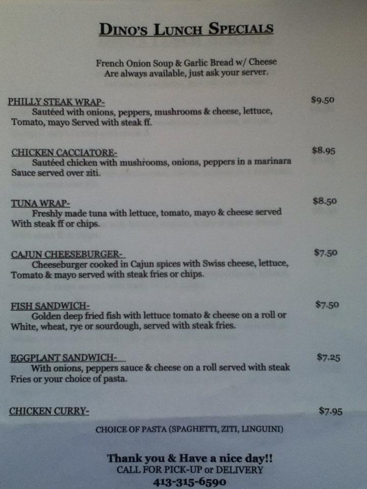 Menu at Dino's Pizza pizzeria, Holyoke