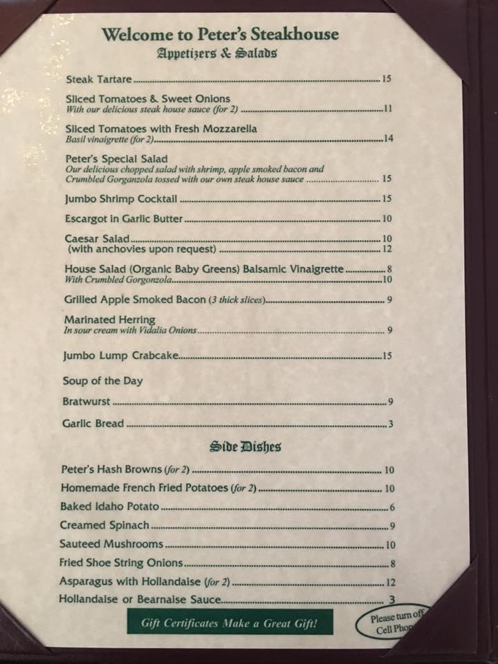 Menu at Peter's Steak House pub & bar, Jensen Beach