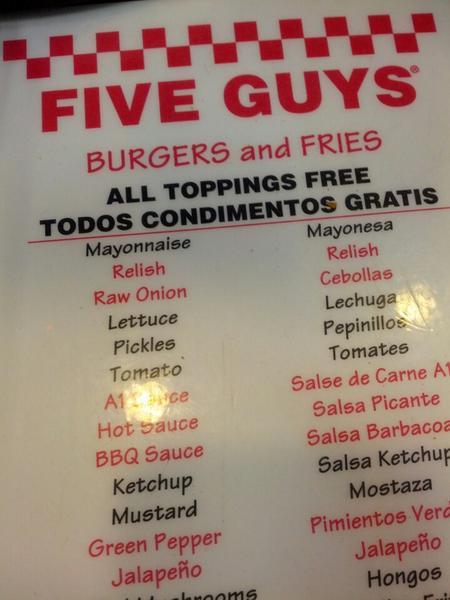 Menu at Five Guys fast food, Union