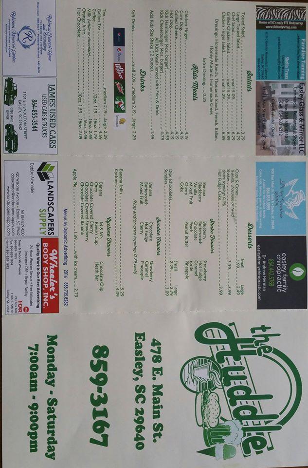 Menu at Huddle restaurant, Easley