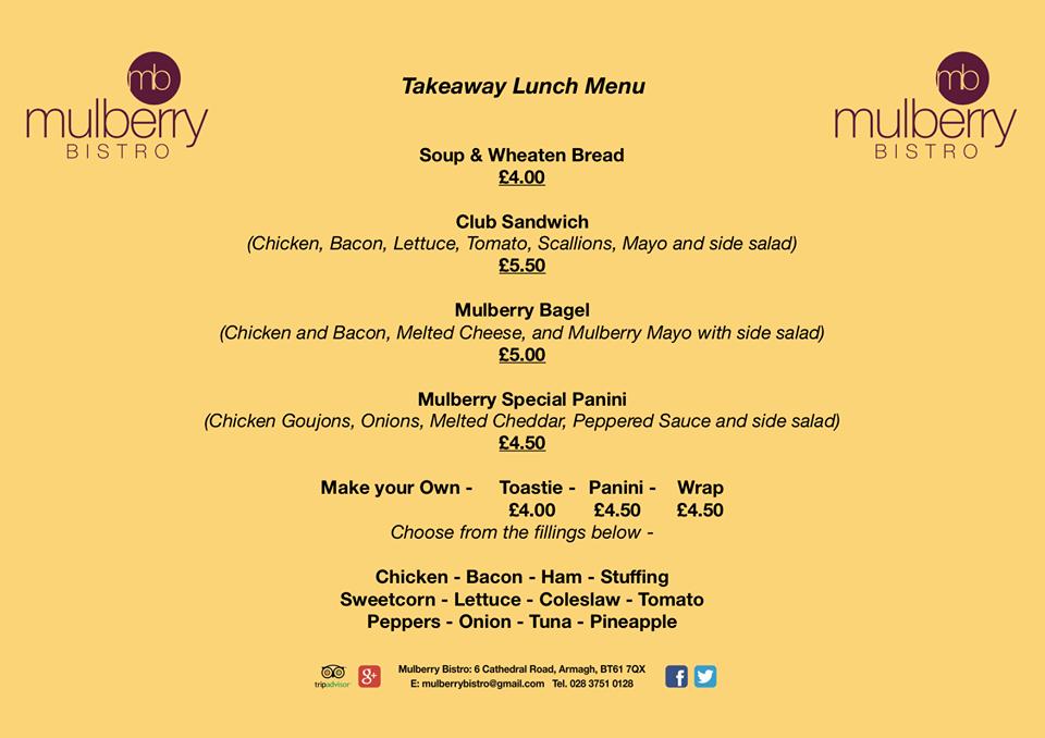 Menu at Mulberry Bistro restaurant, Armagh