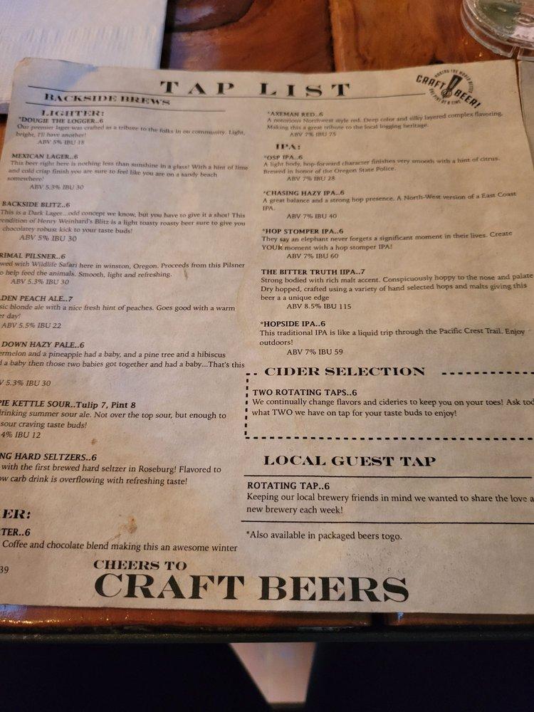 Menu at Backside Brewing Co. Outpost restaurant, Sutherlin