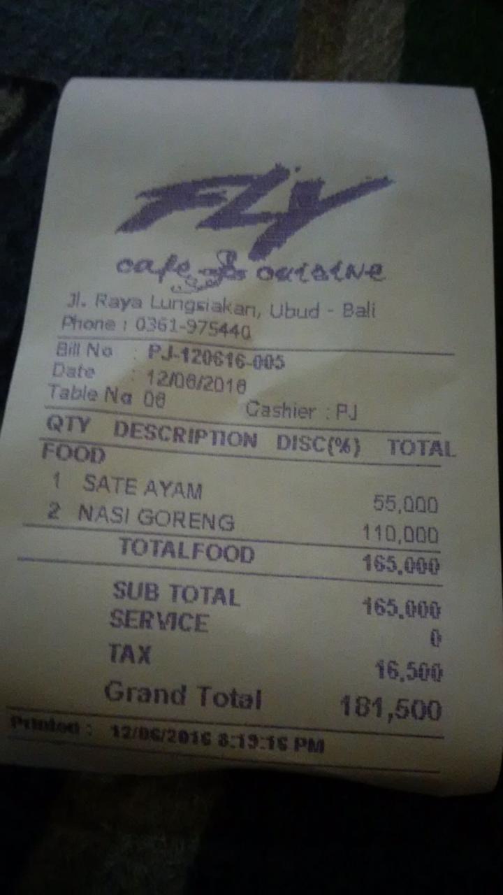 Carta de Fly Cafe & Cuisine, Ubud