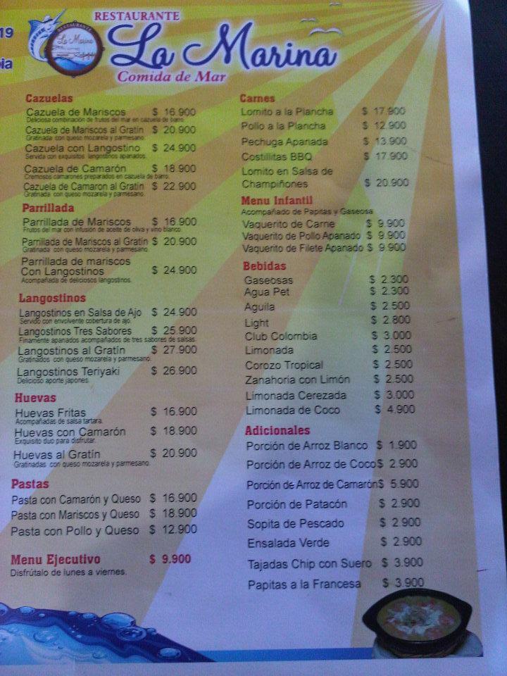 Menu at Restaurante La Marina, Barranquilla, Cra. 43 80219