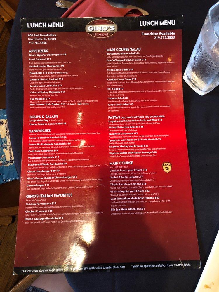 Menu at Gino's Steakhouse, Merrillville, 600 E Lincoln Hwy