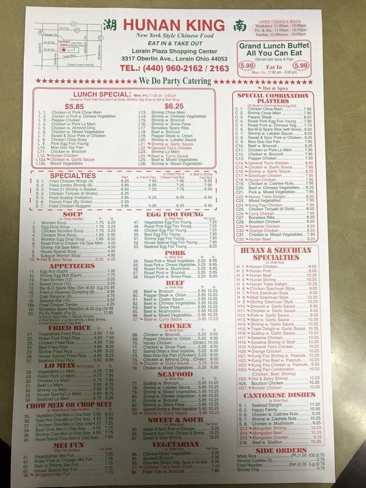 Menu at Hunan King restaurant, Lorain