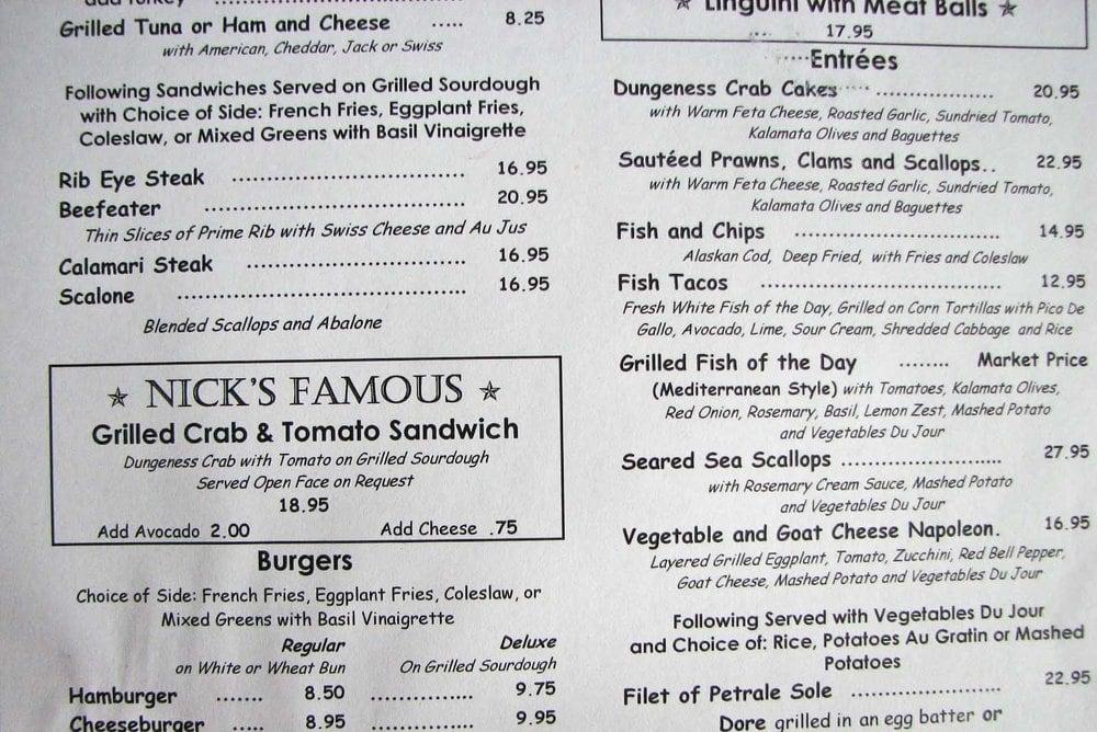 Menu at Nick's Rockaway restaurant, Pacifica
