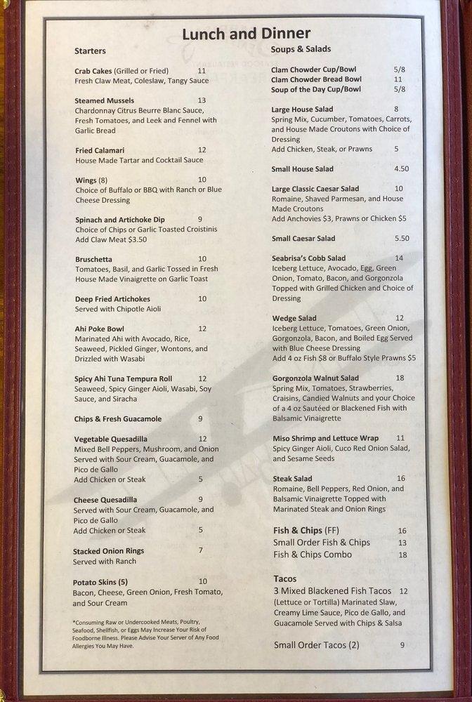 Menu at Seabrisa's Eatery restaurant, Hollister, 155 Skylane Dr