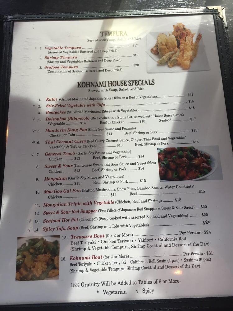 Menu at Kohnami restaurant, South Padre Island