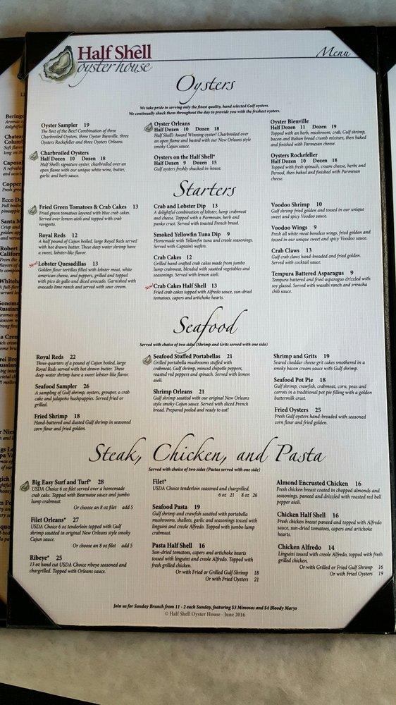 Menu at Half Shell Oyster House restaurant, Biloxi, 777 Beach Blvd