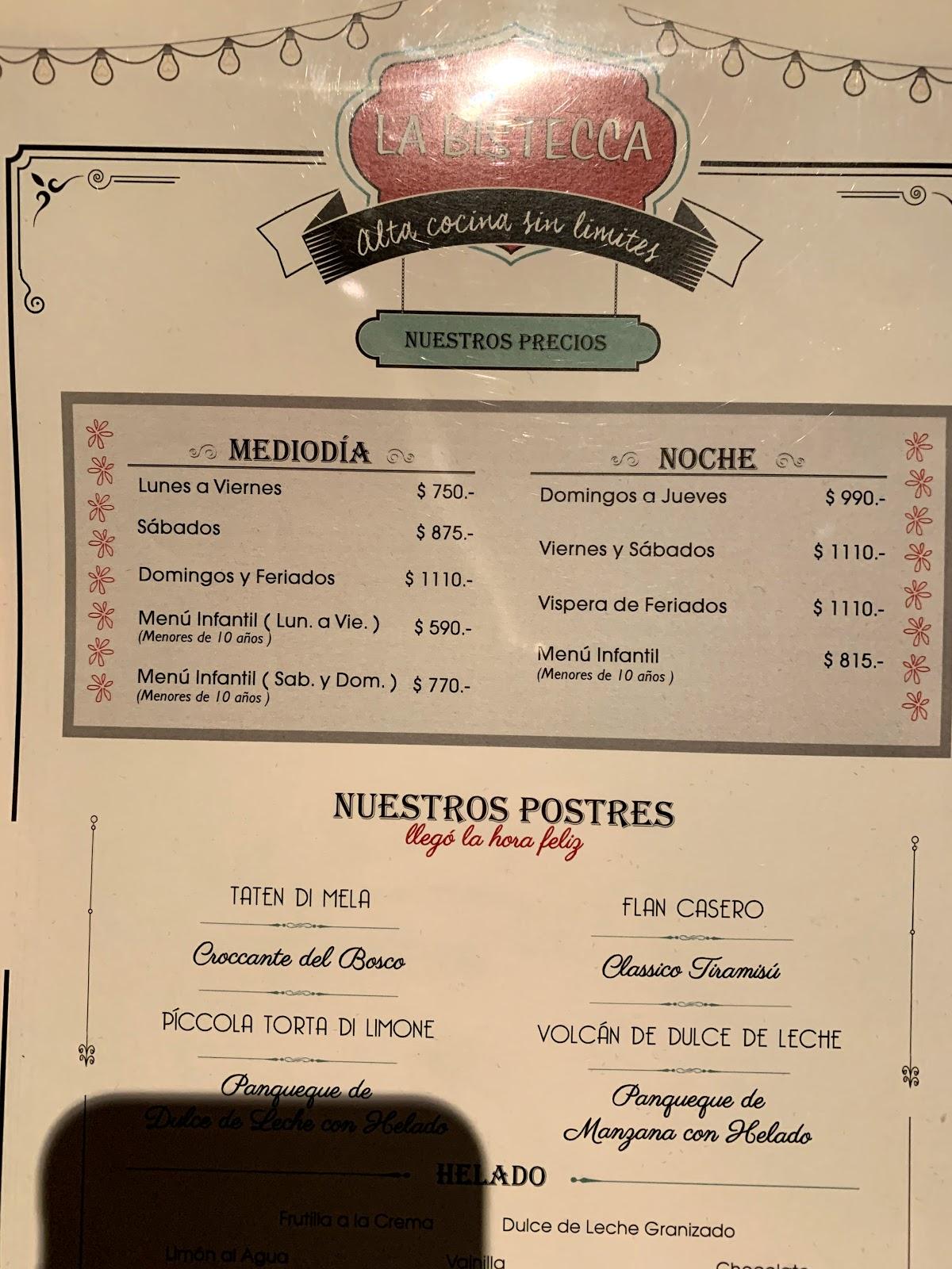 Carta del restaurante La bistecca, Buenos Aires, Av. Alicia Moreau del