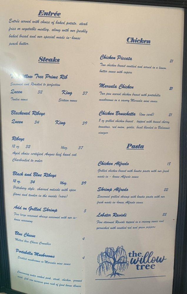 Menu at The Willow Tree steakhouse, Obion