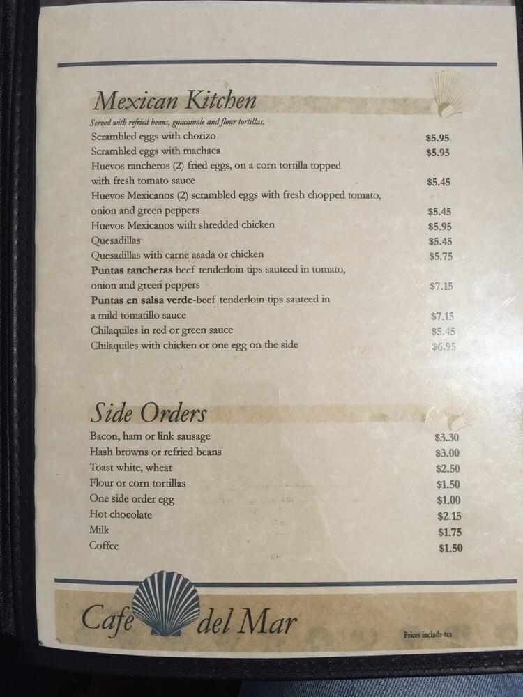Menu at Cafe del Mar, Rosarito, Carretera Libre TijuanaEnsenada Km. 38