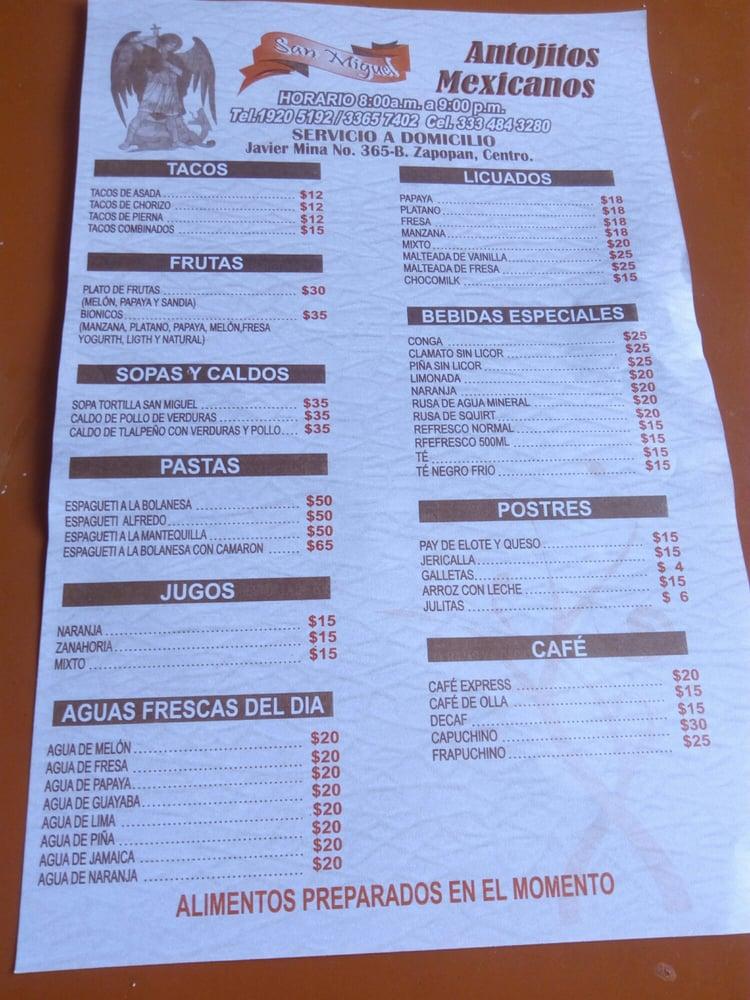 Menu at Antojitos Mexicanos San Miguel restaurant, Zapopan