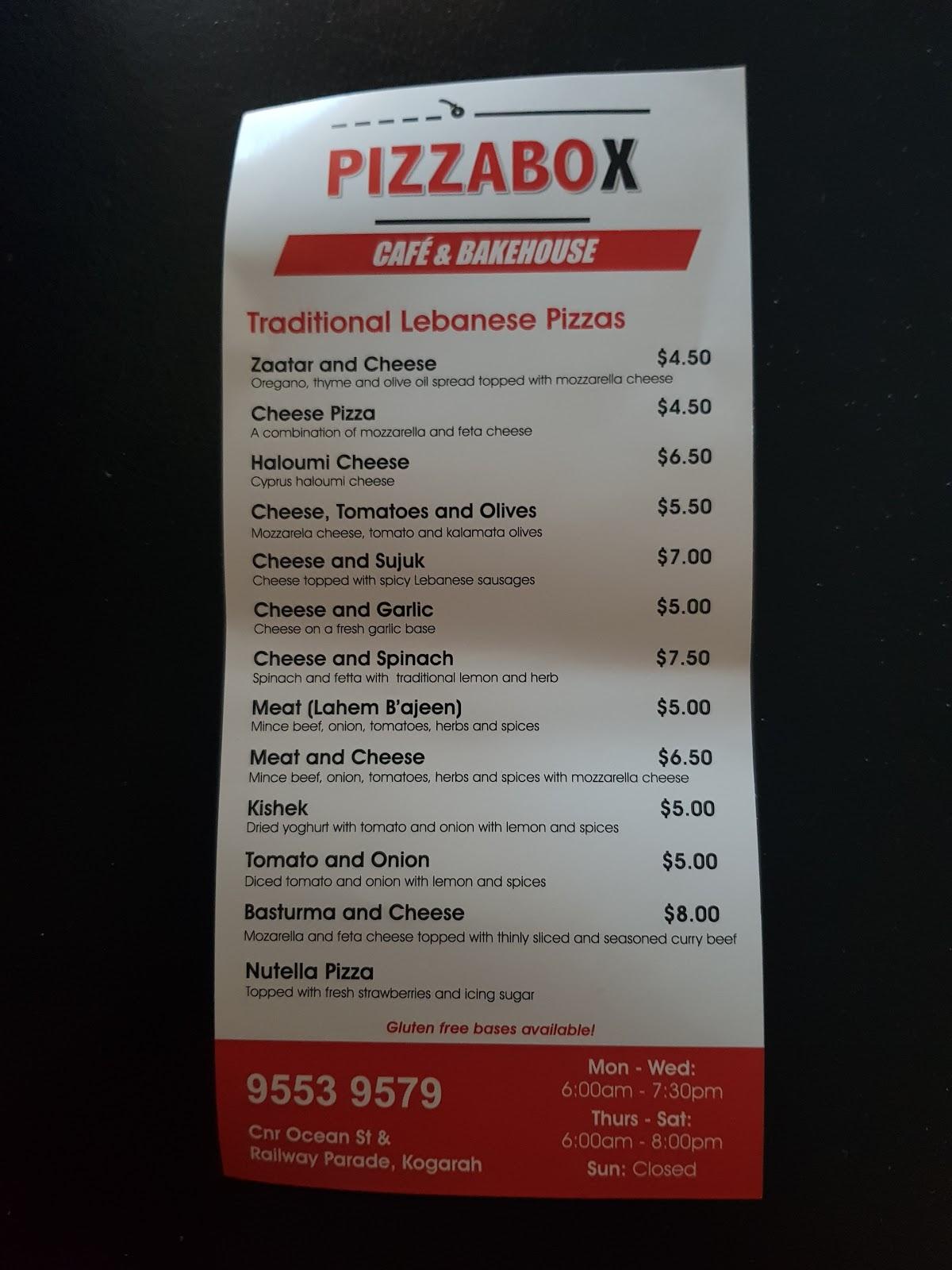 Menu at Pizzabox Café restaurant, Kogarah