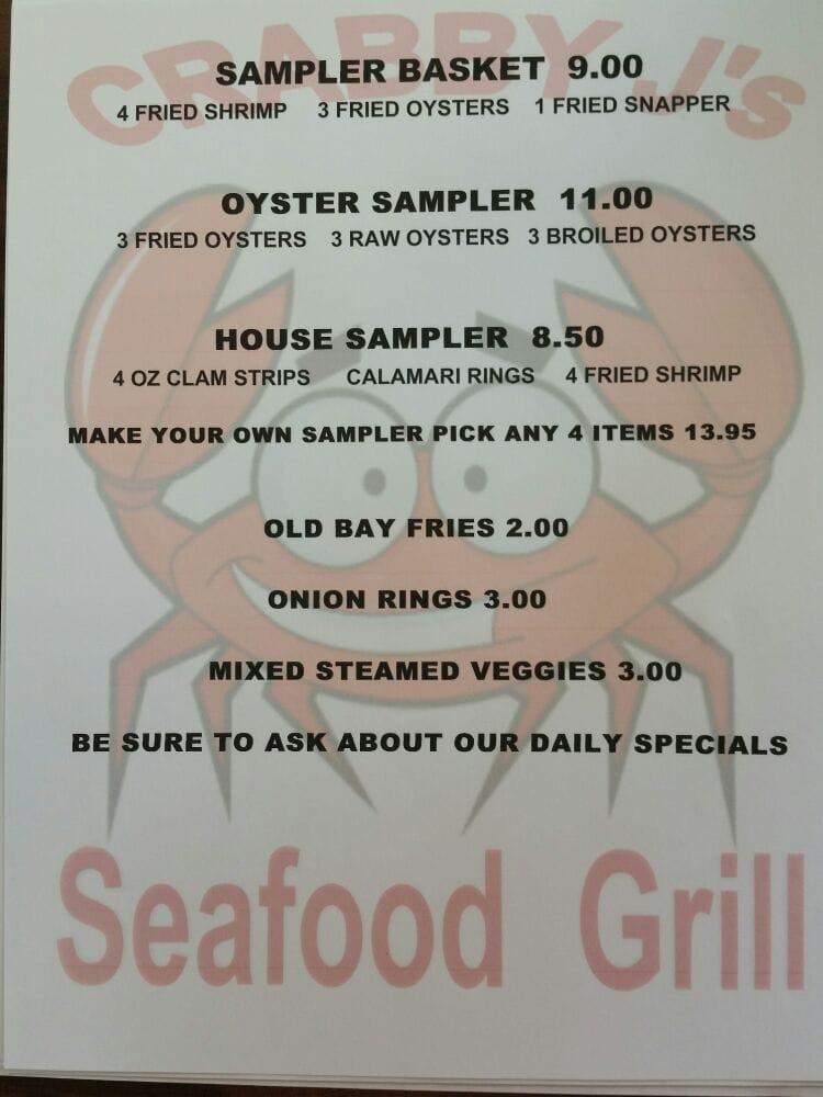 Menu at Crabby J's restaurant, USA