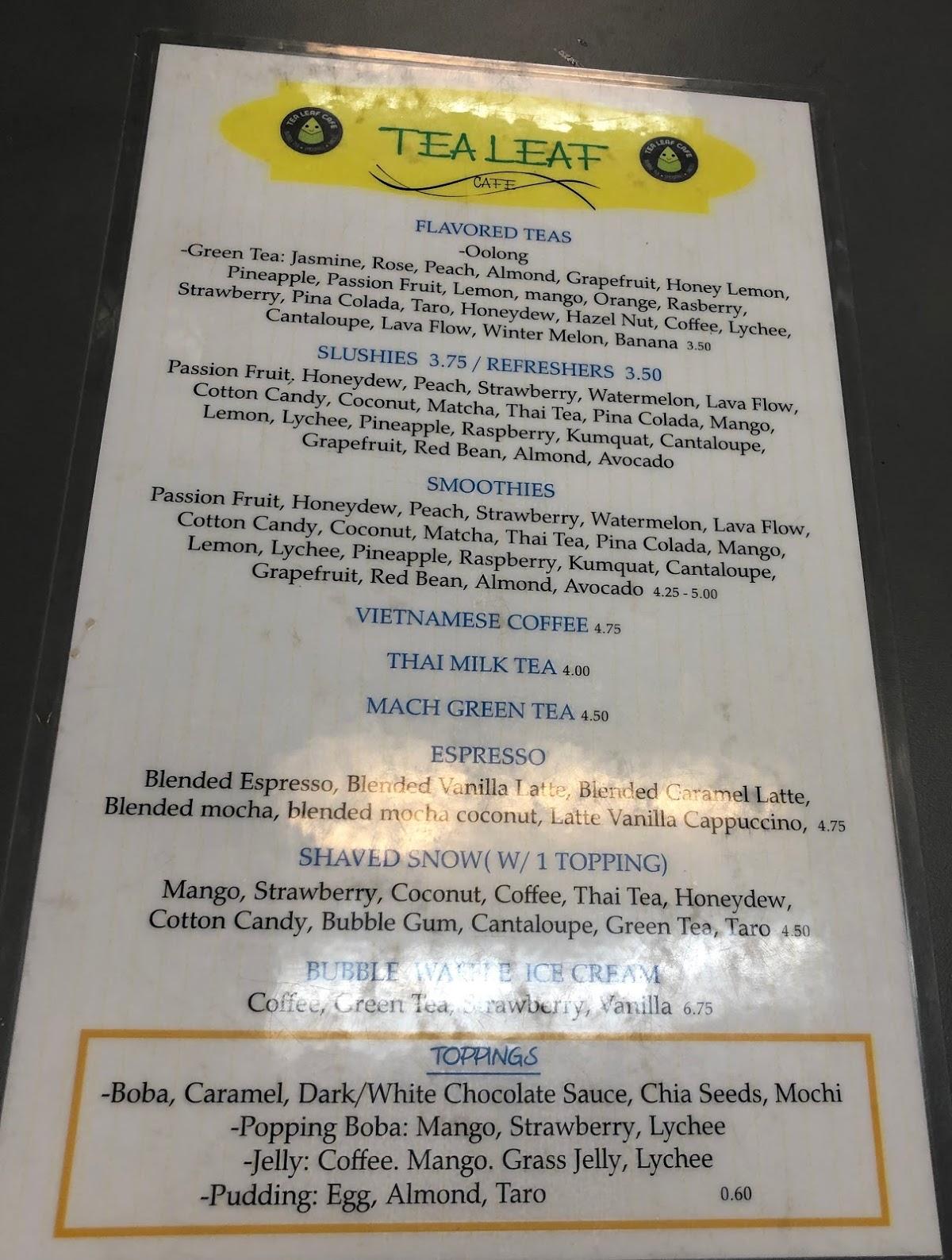 Menu at Tea Leaf Cafe, Reno