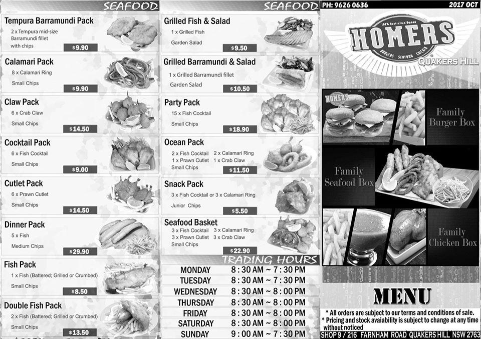 Menu at Homers Quakers Hill fast food, Quakers Hill