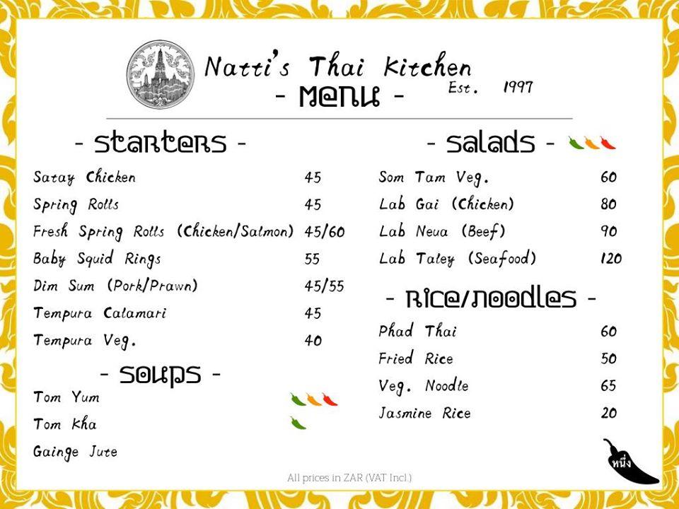 Menu at Natti's Thai Kitchen restaurant, Port Elizabeth