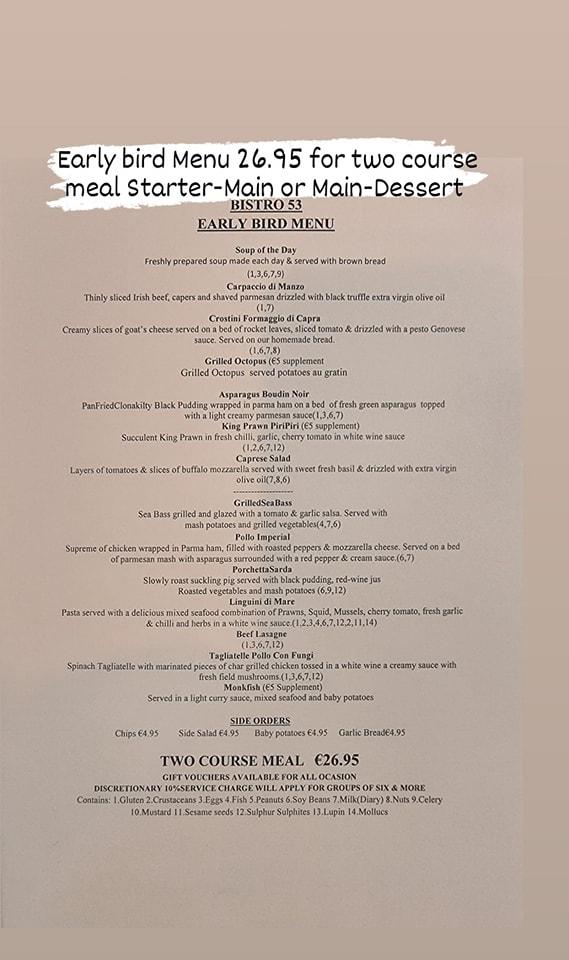 Menu at Bistro 53 Maynooth restaurant, Maynooth, Main St