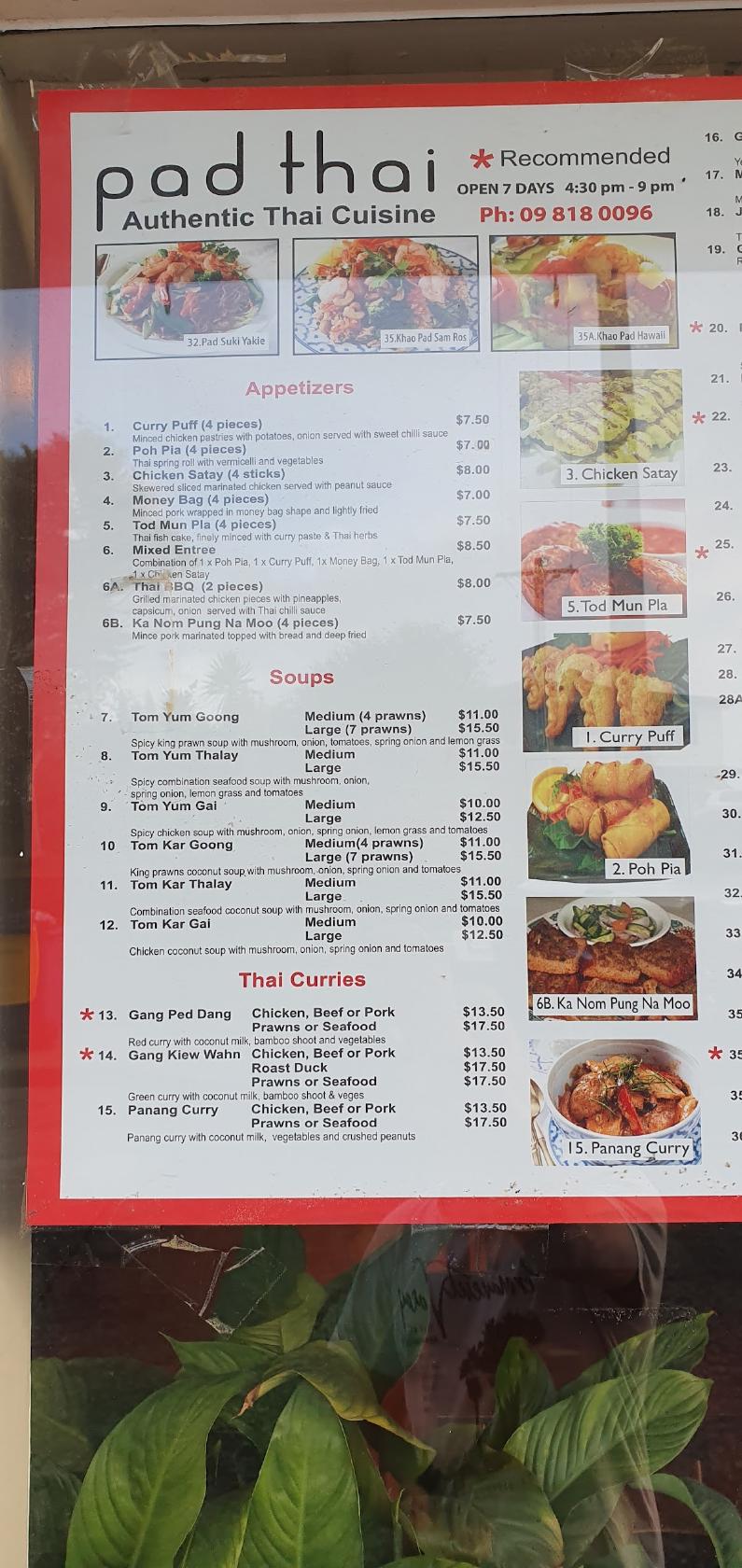 Menu at Pad Thai restaurant, Auckland, 96 Glengarry Rd