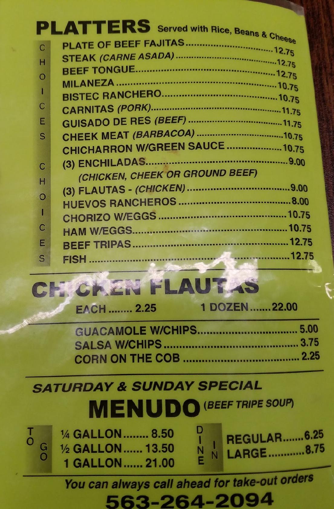 Menu at El Olmito Mexican Grocery restaurant, Muscatine