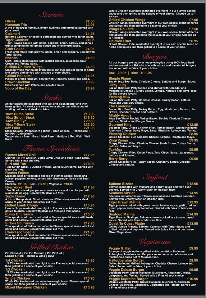 Menu at Flames restaurant, Chichester, 10 12 St Pancras
