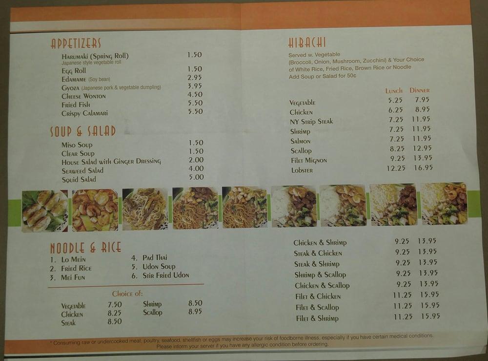 Menu at Ginger Hibachi restaurant, Dickson