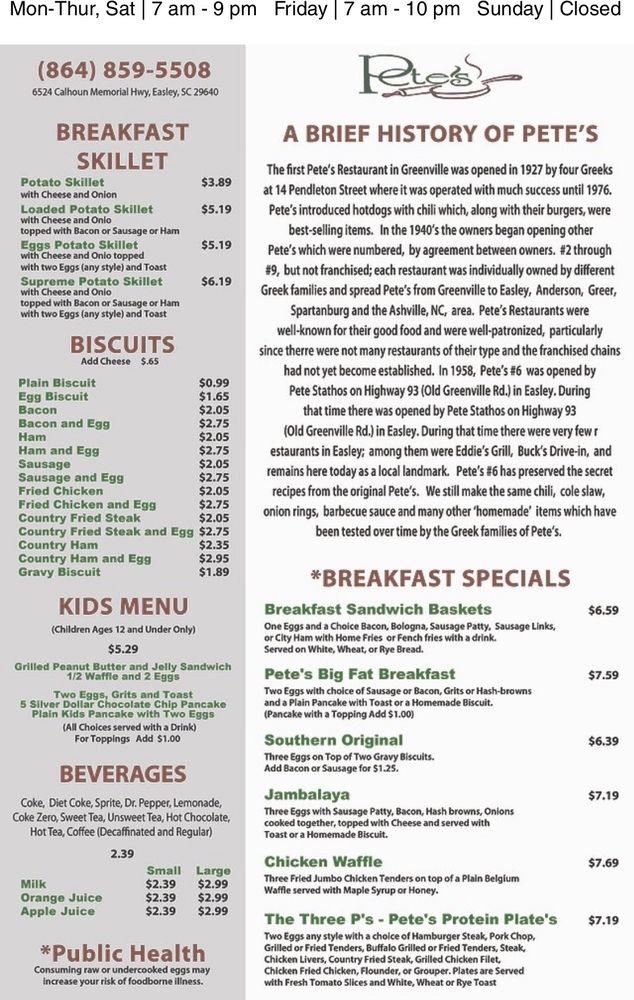 Menu at Pete's Drive In restaurant, Easley