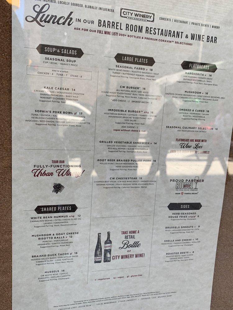 Menu at City Winery Philadelphia pub & bar, Philadelphia