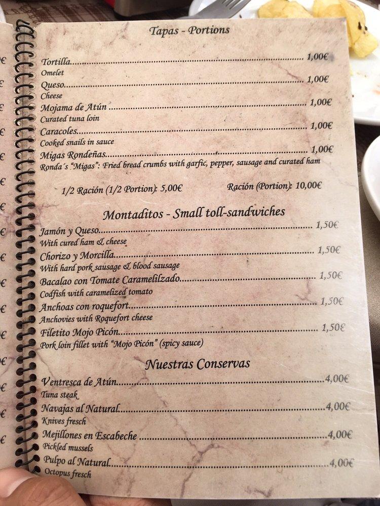 Menu At El Coto Pub Bar Ronda