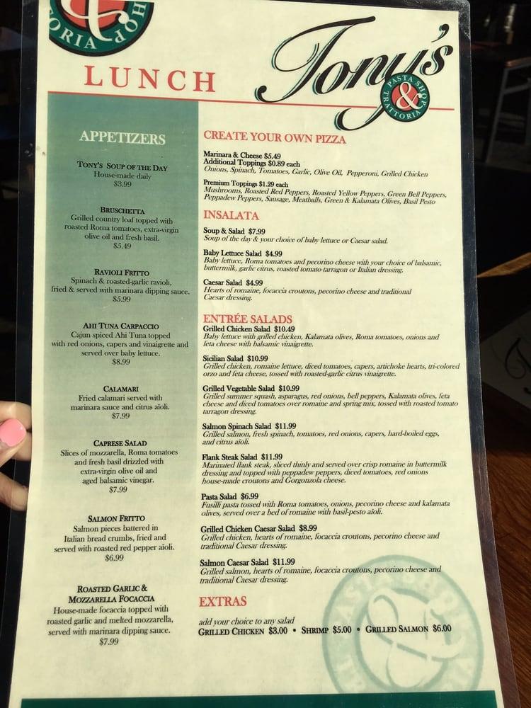 Menu at Tony's Pasta Shop & Trattoria restaurant, Chattanooga