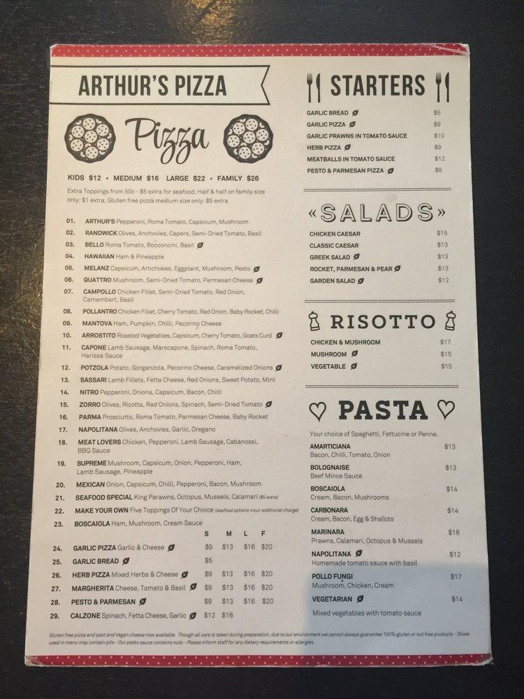 Menu at Arthur's Pizza Randwick pizzeria, Randwick, 47 Perouse Rd