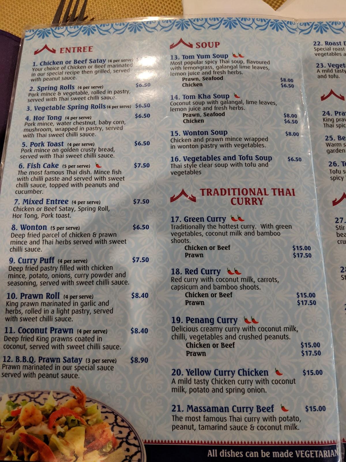 Menu at Lanna Thai Restaurant, Carseldine