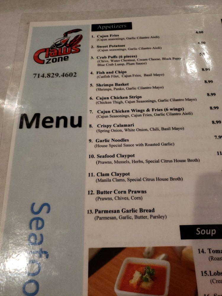 Menu at Claws Zone Anaheim restaurant, Anaheim