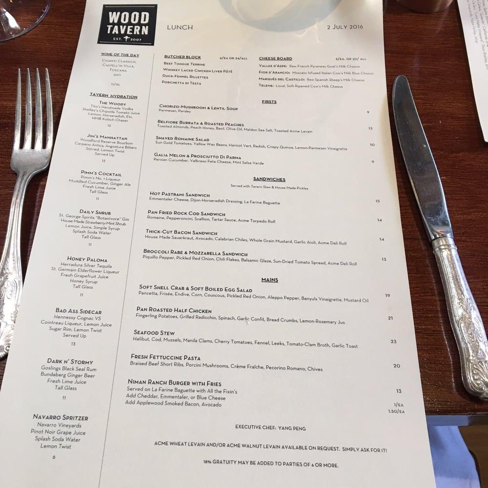 Menu at Wood Tavern restaurant, Oakland