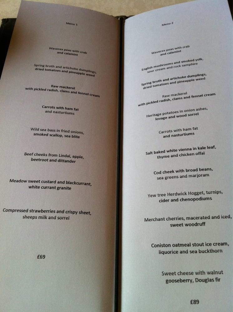 Menu at L'Enclume restaurant, Cartmel