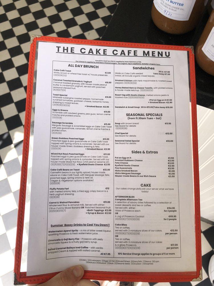 Menu at The Cake Cafe, Dublin, The Daintree Building