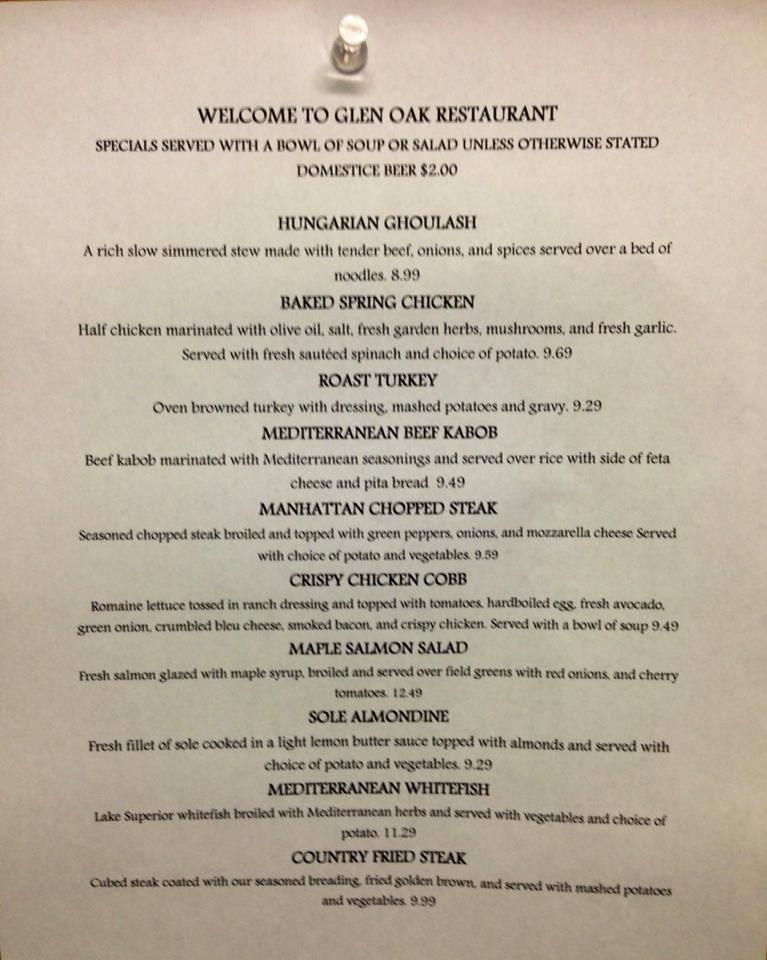 Menu at Glen Oak Cafe, Glen Ellyn