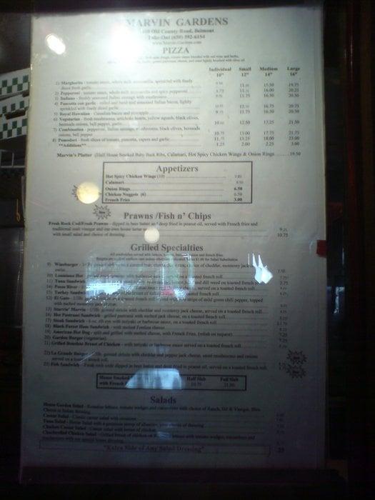 Menu at Marvin Gardens pub & bar, Belmont