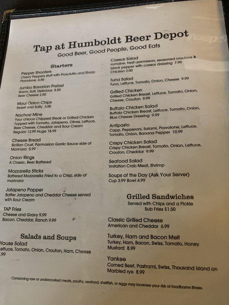 Menu at Tap at Humboldt Beer Depot pub & bar, West Hazleton