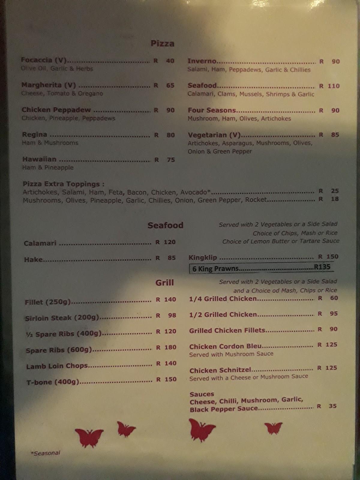 Menu at Zoe's restaurant, Pretoria