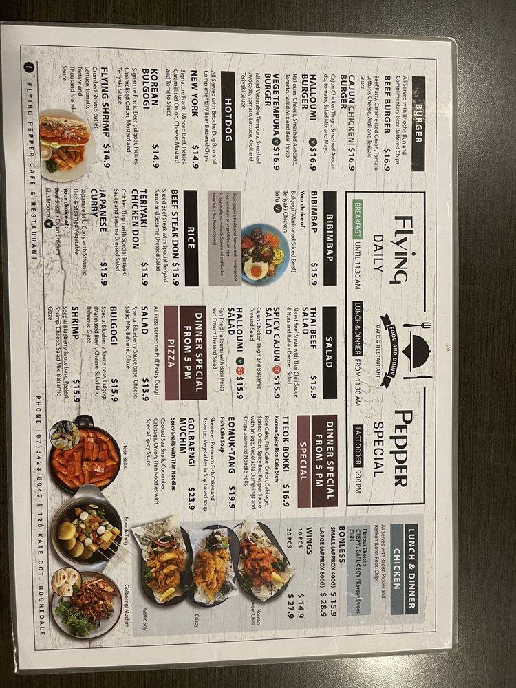 Menu at Flying Pepper cafe, Rochedale