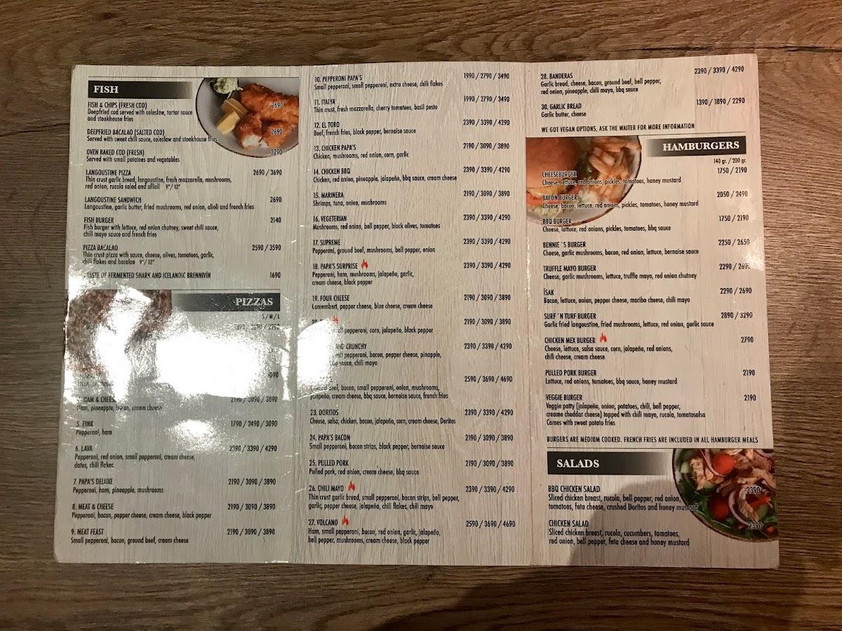 Menu at Papas' Restaurant, Grindavik