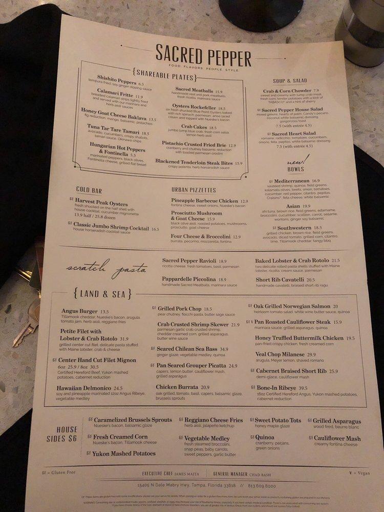 Menu at The Sacred Pepper restaurant, Tampa